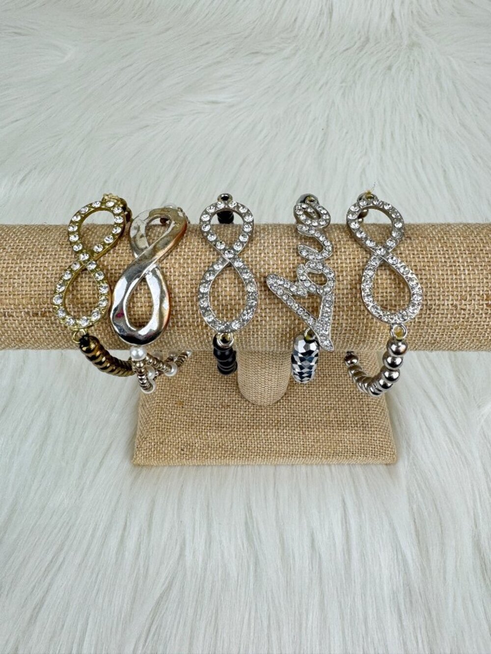 Set of Multi-Line Bead Stretch Rhinestone Bracelets Love Infinity Symbol Silver